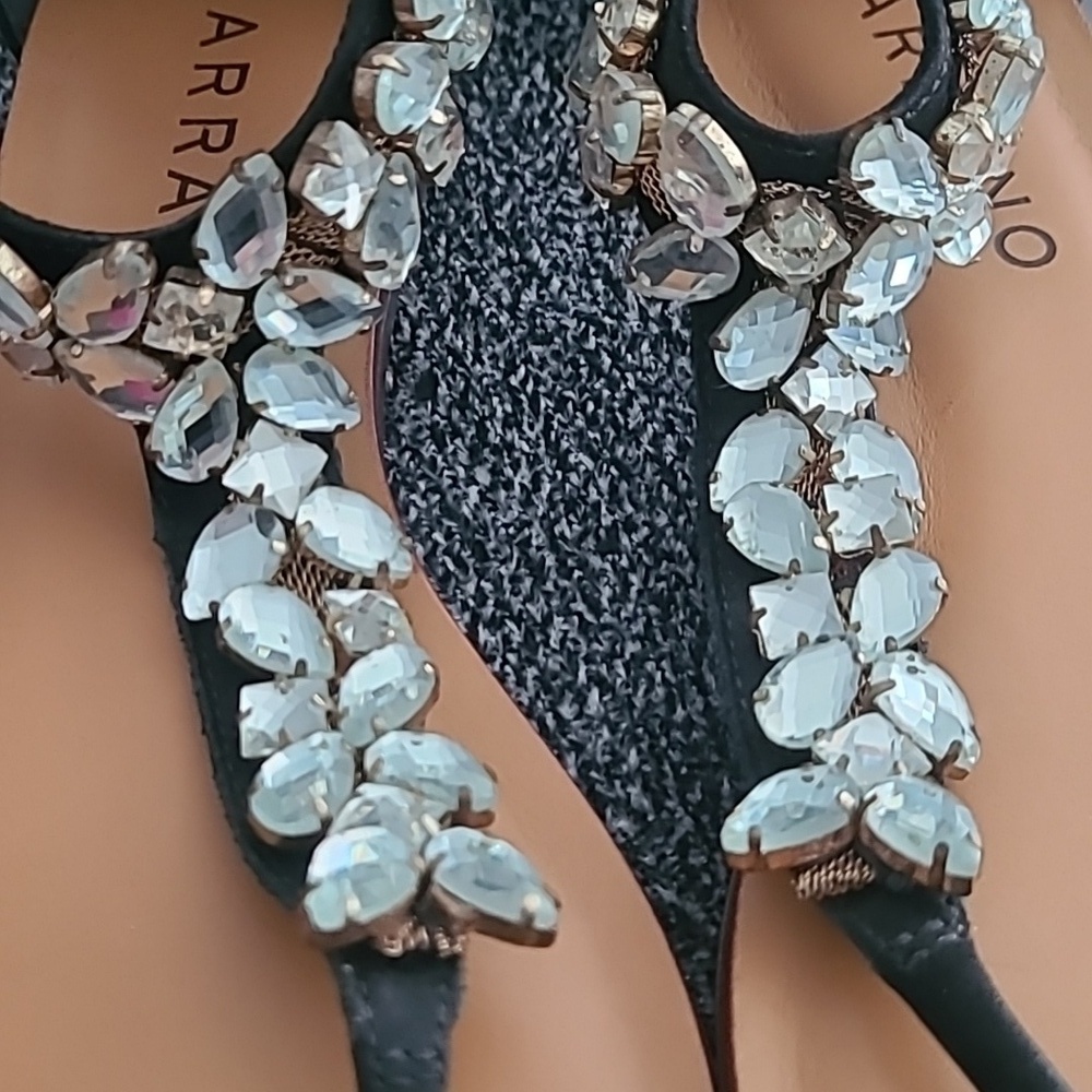 EUC Carrano Black Suede Clear Crystal Straps Gold Zipper Thong Sandals Sz 6 - Picture 2 of 7